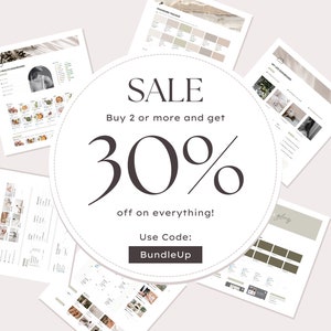 May include: A white circle with the text "SALE" in black, "Buy 2 or more and get 30% off on everything!" in black, and "Use Code: BundleUp" in black. The circle is surrounded by several sheets of paper with different designs.