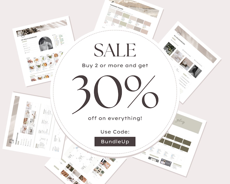 May include: A white circle with the text "SALE" in black, "Buy 2 or more and get 30% off on everything!" in black, and "Use Code: BundleUp" in black. The circle is surrounded by several sheets of paper with different designs.