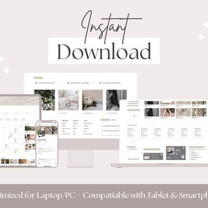 May include: A digital planner with a calendar, to-do lists, and a notes section. The planner is optimized for laptop, PC, tablet, and smartphone. The text "Instant Download" is displayed in the upper part of the image.