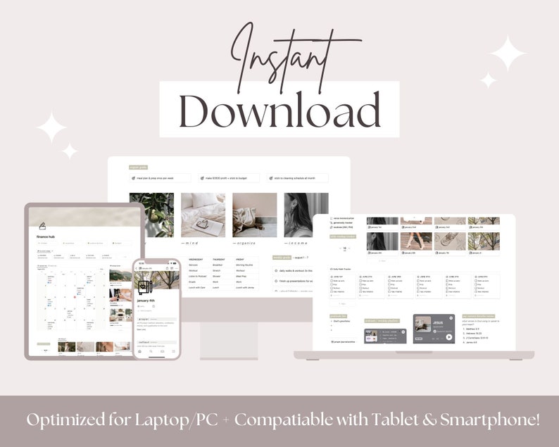 May include: A digital planner with a calendar, to-do lists, and a notes section. The planner is optimized for laptop, PC, tablet, and smartphone. The text "Instant Download" is displayed in the upper part of the image.