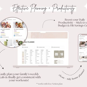 May include: A laptop screen displaying a weekly planner with a calendar, meal planning, and workout sections. The text "Effective Planning + Productivity" is at the top of the image. The text "Boost your Daily Productivity - Stick to your Budget & Hit Savings Goals!" is in the upper right corner of the image. The text "Easily plan your family's weekly meals & finally get consistent with your workouts!" is at the bottom left of the image. The text "clean - tidy home planner" is at the bottom right of the image. The text "** works with free Notion plan" is at the bottom center of the image.