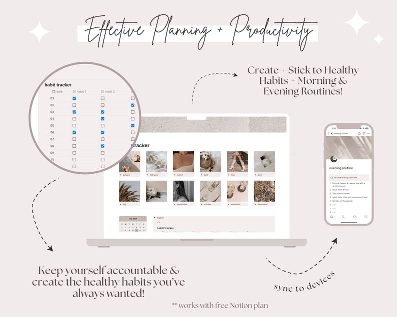 May include: A laptop computer screen displaying a habit tracker with a checklist and a calendar. The screen also shows a grid of images. A smartphone screen displays a list of evening routines. The text on the laptop screen reads "Effective Planning + Productivity" and "Create + Stick to Healthy Habits + Morning & Evening Routines!" The text on the smartphone screen reads "Evening Routines". The text below the laptop reads "Keep yourself accountable & create the healthy habits you've always wanted!" and "** works with free Notion plan". The text below the smartphone reads "sync to devices".