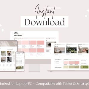 K&ouml;nnte beinhalten: Ein digitaler Planer mit einem rosa-gr&uuml;nen Farbschema. Der Planer ist f&uuml;r j&auml;hrliches Wachstum konzipiert und enth&auml;lt Abschnitte f&uuml;r soziale Plattformen, Ersparnisse und Zielvorschl&auml;ge. Der Planer ist f&uuml;r Laptop, PC, Tablet und Smartphone optimiert.