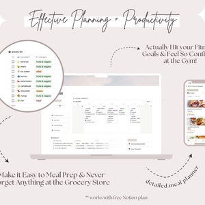 May include: A laptop, a smartphone, and text that reads "Effective Planning + Productivity." The laptop screen displays a grocery list and a calendar. The smartphone shows a meal planner. The text also says "Actually Hit your Fitness Goals & Feel So Confident at the Gym!"