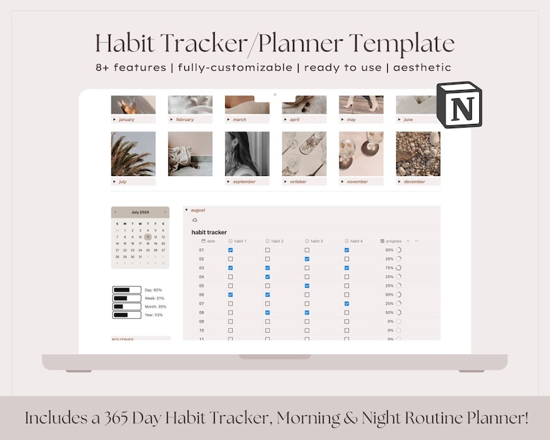 May include: A laptop screen displaying a habit tracker template in the Notion app. The template includes a calendar, habit tracker, and progress bars. The template is designed to help users track their habits and goals. The text "habit tracker" is visible on the screen.