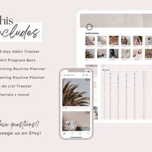 May include: A digital planner with a beige background and a habit tracker. The planner includes a 365-day habit tracker, habit progress bars, morning and evening routine planners, a to-do list tracker, and tutorials. The text "habit tracker" is displayed on the screen.