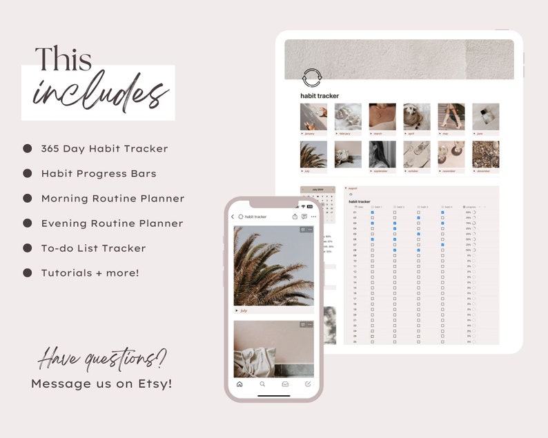 May include: A digital planner with a beige background and a habit tracker. The planner includes a 365-day habit tracker, habit progress bars, morning and evening routine planners, a to-do list tracker, and tutorials. The text "habit tracker" is displayed on the screen.