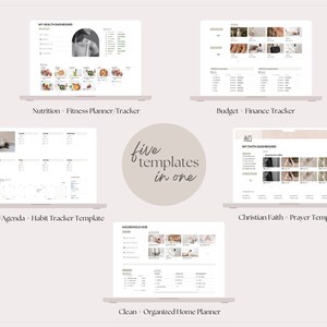 May include: Five digital planner templates displayed on laptop screens. The templates include a health dashboard, a budget tracker, a planner/agenda, a Christian faith tracker, and a home planner.