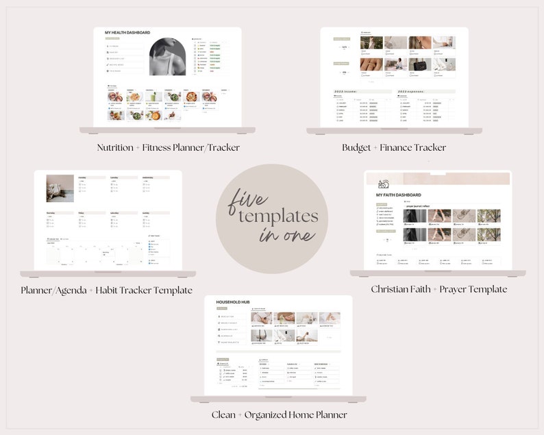 May include: Five digital planner templates displayed on laptop screens. The templates include a health dashboard, a budget tracker, a planner/agenda, a Christian faith tracker, and a home planner.