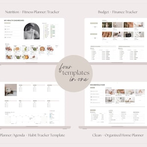 May include: Four digital planner templates displayed on laptop screens. The templates include a health dashboard, a budget tracker, a planner with a habit tracker, and a home planner. The templates are designed with a minimalist aesthetic and feature a neutral color palette.