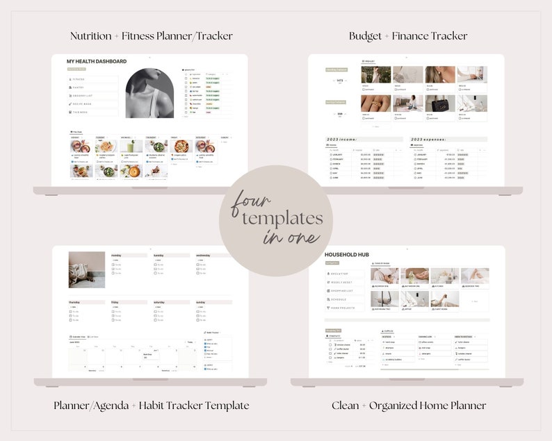 May include: Four digital planner templates displayed on laptop screens. The templates include a health dashboard, a budget tracker, a planner with a habit tracker, and a home planner. The templates are designed with a minimalist aesthetic and feature a neutral color palette.