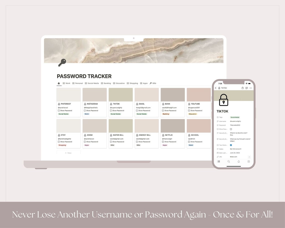 Password Organizer Tracker Notion Template, Password Log List Keeper