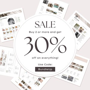 May include: An advertisement showing digital planner pages surrounding a central circle. The circle states "SALE", "Buy 2 or more and get 30% off on everything!" and the code "BundleUp". The pages have a minimalist design, with a neutral colour palette.