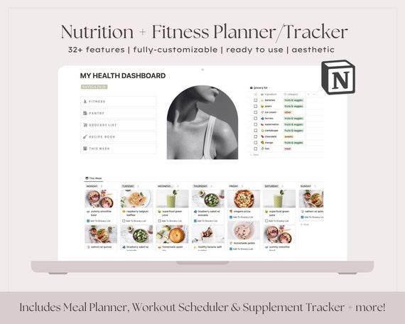 Meal Planner Fitness Tracker Notion Template Planner, Nutrition Workout Tracking, Digital Fitness Planner Journal, Gym and Diet Organizer