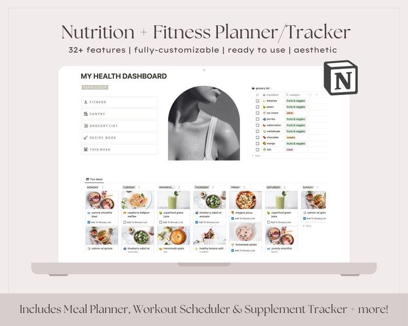 May include: Laptop screen showing a nutrition and fitness planner with a health dashboard. The planner includes sections for fitness, pantry, grocery list, and recipes. It also features a meal planner, workout scheduler, and supplement tracker. Text on the screen reads: Nutrition + Fitness Planner/Tracker.