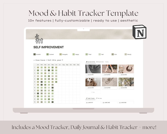 Notion Template Habit Tracker Journal Mood Tracker Setup Layout, Notion Planner, Digital Habit Tracker, Gratitude Daily Journal Self Care