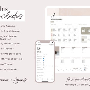 May include: A digital planner app with a weekly planner, daily to-do list, habit tracker, and sleep tracker. The app is shown on a tablet and a smartphone. The text "This includes" is shown on the left side of the image, followed by a list of features. The text "Weekly Planner" is shown at the top of the tablet screen. The text "Planner + Agenda" is shown at the bottom of the image. The text "Have questions? Message us on Etsy!" is shown at the bottom of the image.