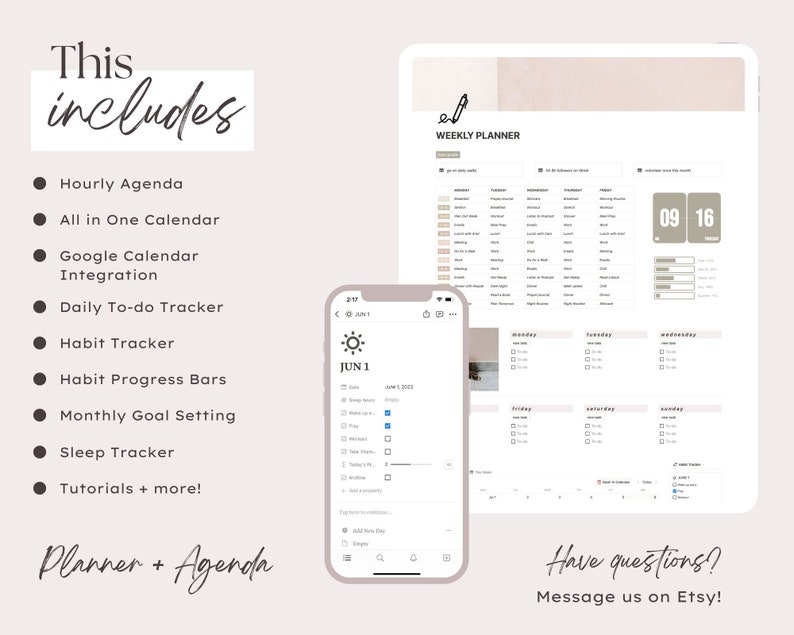 May include: A digital planner app with a weekly planner, daily to-do list, habit tracker, and sleep tracker. The app is shown on a tablet and a smartphone. The text "This includes" is shown on the left side of the image, followed by a list of features. The text "Weekly Planner" is shown at the top of the tablet screen. The text "Planner + Agenda" is shown at the bottom of the image. The text "Have questions? Message us on Etsy!" is shown at the bottom of the image.