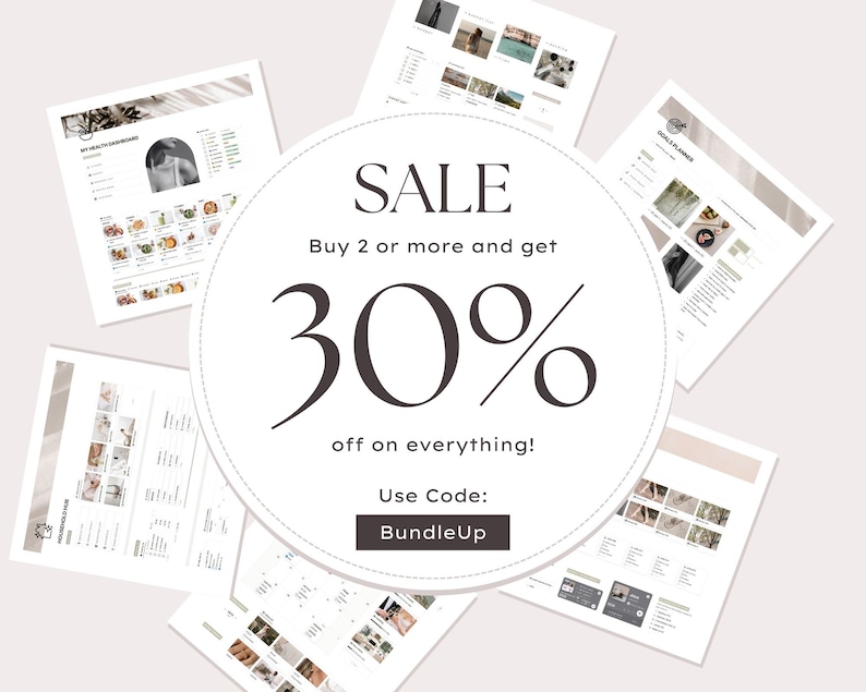 May include: A white circle with the text "SALE Buy 2 or more and get 30% off on everything! Use Code: BundleUp" in black text.