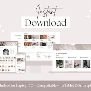 May include: A mockup of a website on a laptop, tablet, and smartphone. The website is a digital dashboard with sections for "My Life Dashboard", "2023 Expenses", and "My Weekly Planner". The website is optimized for laptop, tablet, and smartphone use.