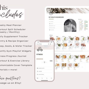 May include: A digital health and fitness planner displayed on a tablet and smartphone. The tablet shows a dashboard with meal plans and fitness tracking. The phone displays a fitness app interface. Text includes "This includes" and a list of features.