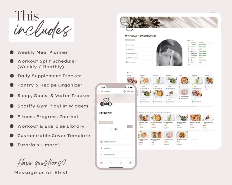 May include: A digital health and fitness planner displayed on a tablet and smartphone. The tablet shows a dashboard with meal plans and fitness tracking. The phone displays a fitness app interface. Text includes "This includes" and a list of features.
