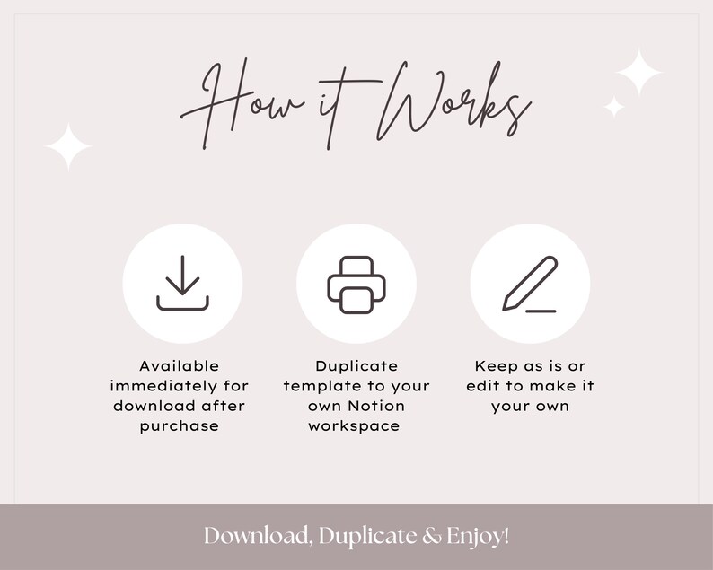 May include: How it works: Download, Duplicate & Enjoy!  A graphic with three icons representing the steps to use a Notion template: download, duplicate, and edit.