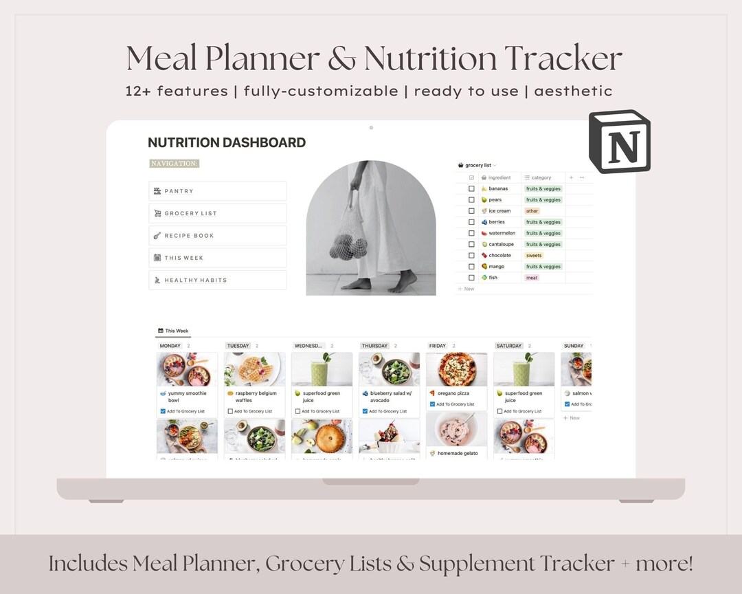 Meal Planner Notion Template Planner, Nutrition Health Tracking