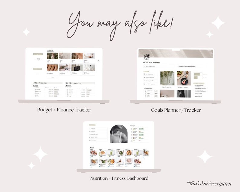 May include: Three laptop screens displaying different digital planners. The first screen shows a budget and finance tracker. The second screen shows a goals planner and tracker. The third screen shows a nutrition and fitness dashboard.