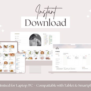 May include: A digital fitness planner displayed on a laptop, tablet, and smartphone. The screens show meal plans and workout schedules. The words "Instant Download" are at the top. The text "Optimized for Laptop/PC + Compatiable with Tablet & Smartphone!" is at the bottom.