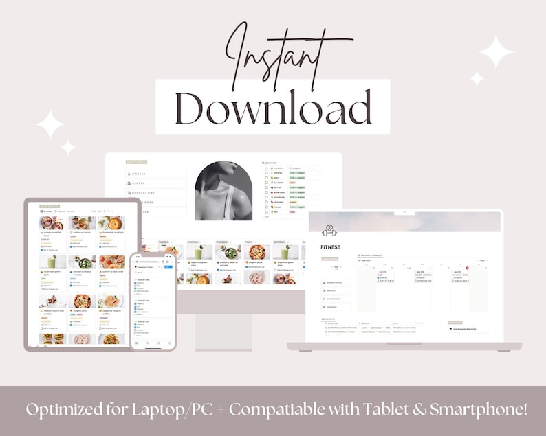 May include: A digital fitness planner displayed on a laptop, tablet, and smartphone. The screens show meal plans and workout schedules. The words "Instant Download" are at the top. The text "Optimized for Laptop/PC + Compatiable with Tablet & Smartphone!" is at the bottom.