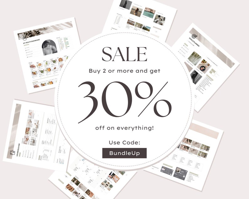 May include: A white circle with the text "SALE Buy 2 or more and get 30% off on everything! Use Code: BundleUp" in black text.