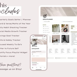 K&ouml;nnte beinhalten: Ein digitaler Planer mit einem hellbraunen Hintergrund und einem wei&szlig;en Kreis mit einem Zielsymbol und dem Text "GOALS PLANNER". Der Planer enth&auml;lt Abschnitte f&uuml;r viertelj&auml;hrliche Ziele, t&auml;gliche Gewohnheiten, Social-Media-Wachstum, Sparziele, F&auml;higkeiten und Hobbys, w&ouml;chentliche Aufgaben und einen Brief an das zuk&uuml;nftige Ich. Er enth&auml;lt auch ein Spotify-Fokus-Playlist-Widget und Tutorials.