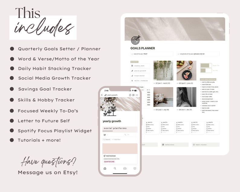K&ouml;nnte beinhalten: Ein digitaler Planer mit einem hellbraunen Hintergrund und einem wei&szlig;en Kreis mit einem Zielsymbol und dem Text "GOALS PLANNER". Der Planer enth&auml;lt Abschnitte f&uuml;r viertelj&auml;hrliche Ziele, t&auml;gliche Gewohnheiten, Social-Media-Wachstum, Sparziele, F&auml;higkeiten und Hobbys, w&ouml;chentliche Aufgaben und einen Brief an das zuk&uuml;nftige Ich. Er enth&auml;lt auch ein Spotify-Fokus-Playlist-Widget und Tutorials.