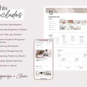 May include: A digital planner for organizing and cleaning your home. The planner includes a declutter dashboard, cleaning supplies tracker, daily tidy up tracker, home projects progress tracker, cleaning schedule, product shopping list, cleaning tasks by room, weekly reset routine, and tutorials. The planner is shown on a tablet and a smartphone.