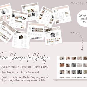 May include: A laptop screen displaying a collection of sixteen Notion templates, with a tagline "Turn Chaos into Clarity". The templates are organized in a grid format and feature a minimalist aesthetic with a neutral color palette. The text "All our Notion Templates (save $80+)" is displayed below the laptop screen.
