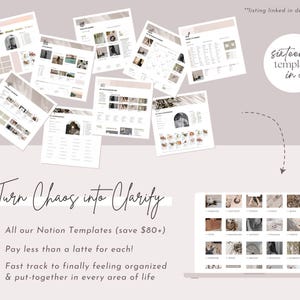 May include: A digital product mockup showing a laptop with sixteen templates, and additional templates floating above. The text reads "Turn Chaos into Clarify" and highlights features like Notion templates and organization. The colour scheme is neutral.