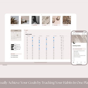 May include: A laptop computer screen displaying a habit tracker with a calendar, progress bars, and checkboxes. A smartphone screen displays an evening routine checklist with a crescent moon icon. The text "Actually Achieve Your Goals by Tracking Your Habits In One Place!" is displayed below the image.