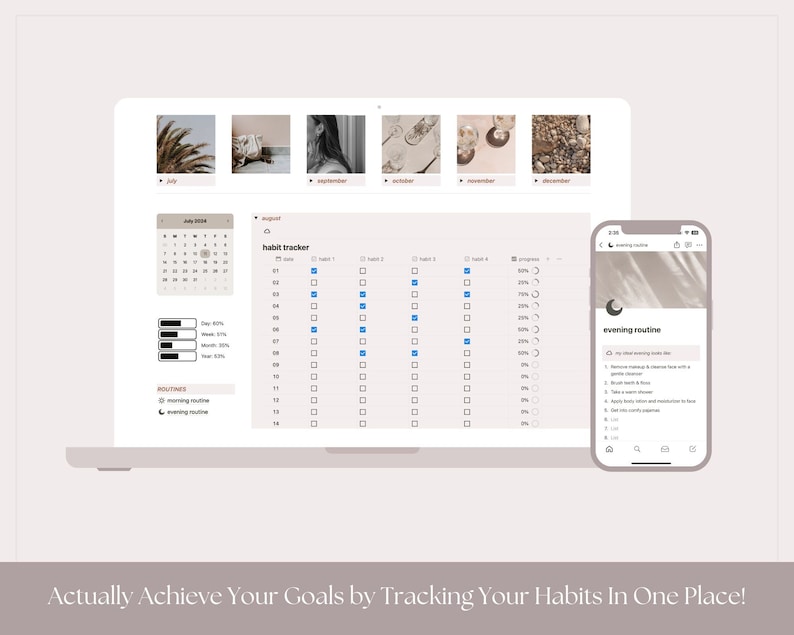 May include: A laptop computer screen displaying a habit tracker with a calendar, progress bars, and checkboxes. A smartphone screen displays an evening routine checklist with a crescent moon icon. The text "Actually Achieve Your Goals by Tracking Your Habits In One Place!" is displayed below the image.