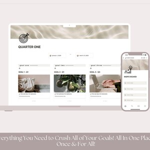 K&ouml;nnte beinhalten: Ein Laptop-Bildschirm zeigt eine Website mit dem Text "QUARTER ONE" und drei Abschnitten mit den Bezeichnungen "goal one", "goal two" und "goal three". Jeder Abschnitt enth&auml;lt ein Foto und Text. Neben dem Laptop befindet sich ein Smartphone, auf dem ein "INSPO BOARD" angezeigt wird.