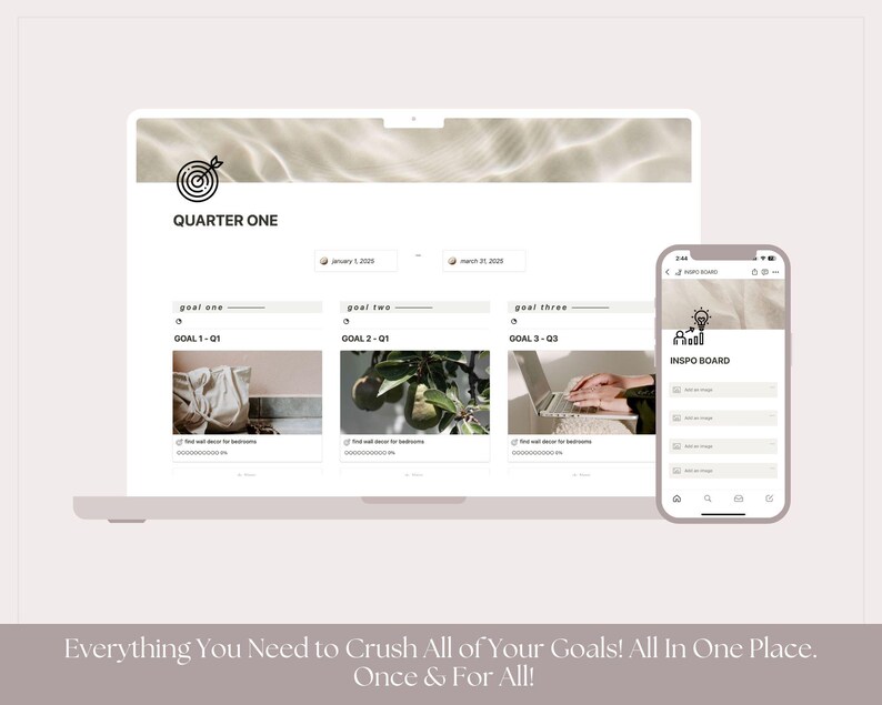 K&ouml;nnte beinhalten: Ein Laptop-Bildschirm zeigt eine Website mit dem Text "QUARTER ONE" und drei Abschnitten mit den Bezeichnungen "goal one", "goal two" und "goal three". Jeder Abschnitt enth&auml;lt ein Foto und Text. Neben dem Laptop befindet sich ein Smartphone, auf dem ein "INSPO BOARD" angezeigt wird.