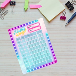 Neon Monthly Budget | Easy Budget Printable | Paycheck Budget Printable | Monthly Budget Planner | Budget Worksheet | PDF Instant Download