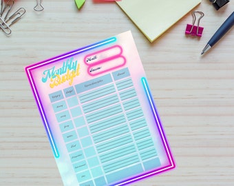 Neon Monthly Budget | Easy Budget Printable | Paycheck Budget Printable | Monthly Budget Planner | Budget Worksheet | PDF Instant Download