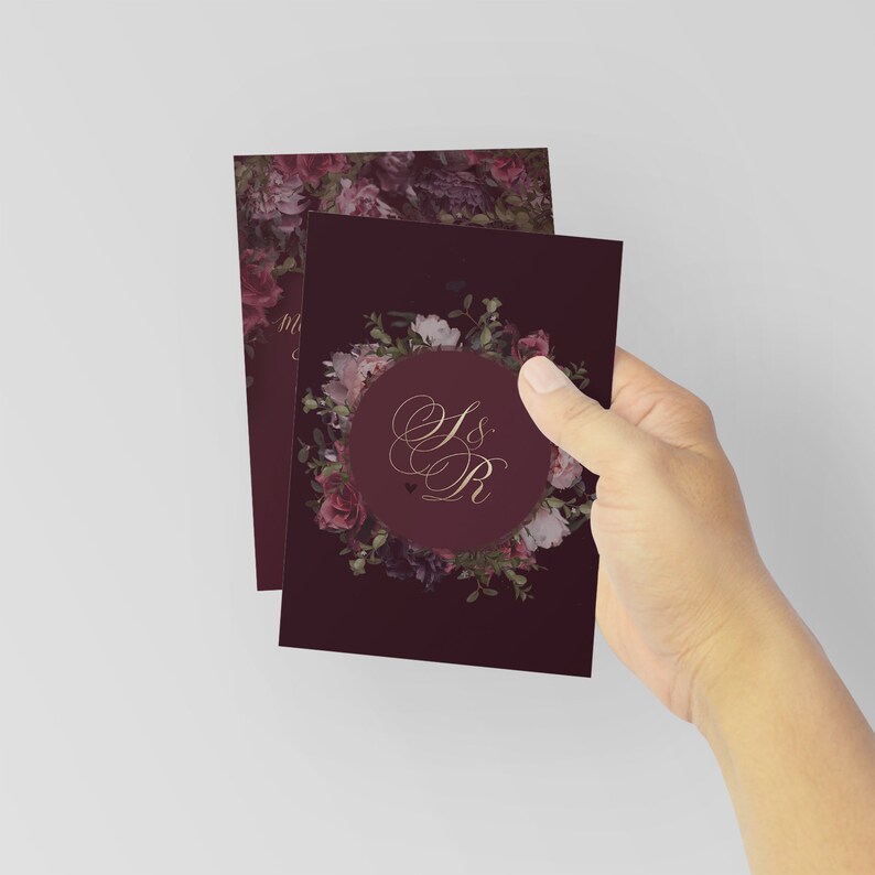 Custom bespoke personalised day /& evening stationery. Burgundy floral marsala invites peonies roses with gold Flower design invite