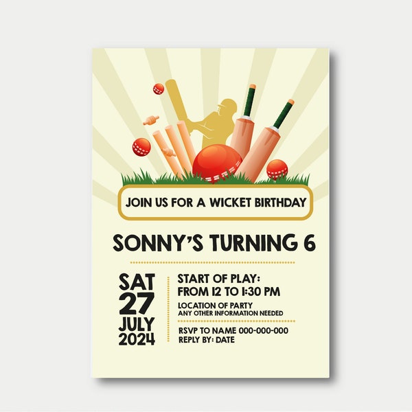 Personalised Cricket party invitations, Personalised Party Invitations, Invitations, Birthday Children's Party, Cricket Themed Invite