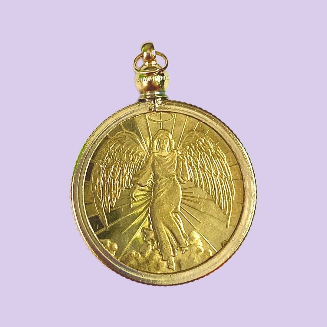 Vintage Gold Guardian Angel Coin Token Pendant Gold Plated Etsy