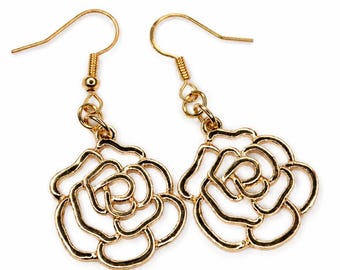 Örhängen med guldfärgad ros | Blommiga iögonfallande örhängen | Lätta rossmycken | Romantisk present till henne | Boho chica örhängen