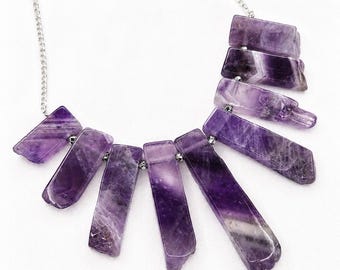 Natural Amethyst Fan Statement Necklace | Boho Silver-Tone Chain Jewelry