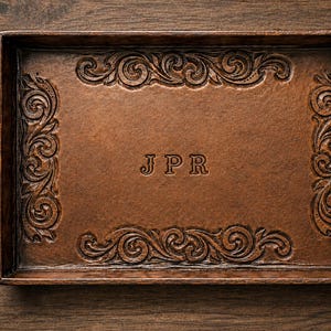 May include: A rectangular copper tray with ornate, carved floral scrollwork around the edges. The center of the tray features the initials "JPR" in a simple, embossed font. The tray is set against a dark wood background.