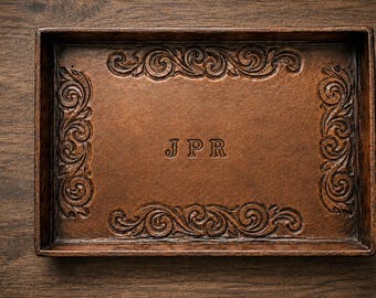 Tooled Leather Valet Tray, Personalized EDC Catchall, Handmade Desk Organizer, Rustic Gift for Men